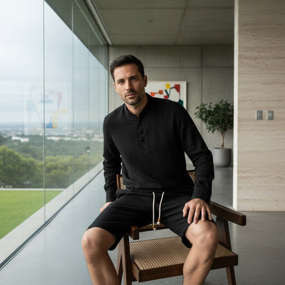 Linen Shorts and Top Set - Black - Side Profile