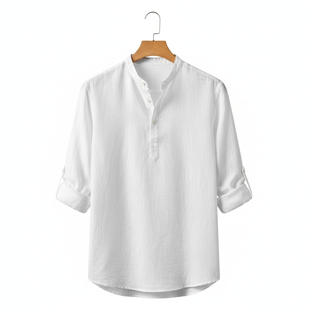 Linen T Shirt Long Sleeve - White - Front View