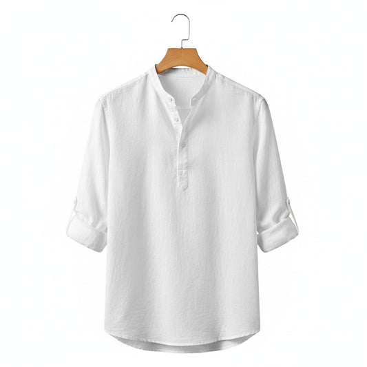 Linen T Shirt Long Sleeve - White - Front View