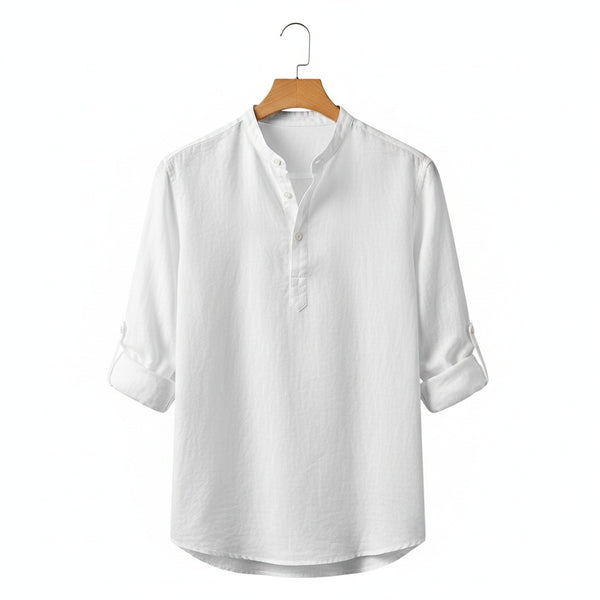 Linen T Shirt Long Sleeve - White - Front View