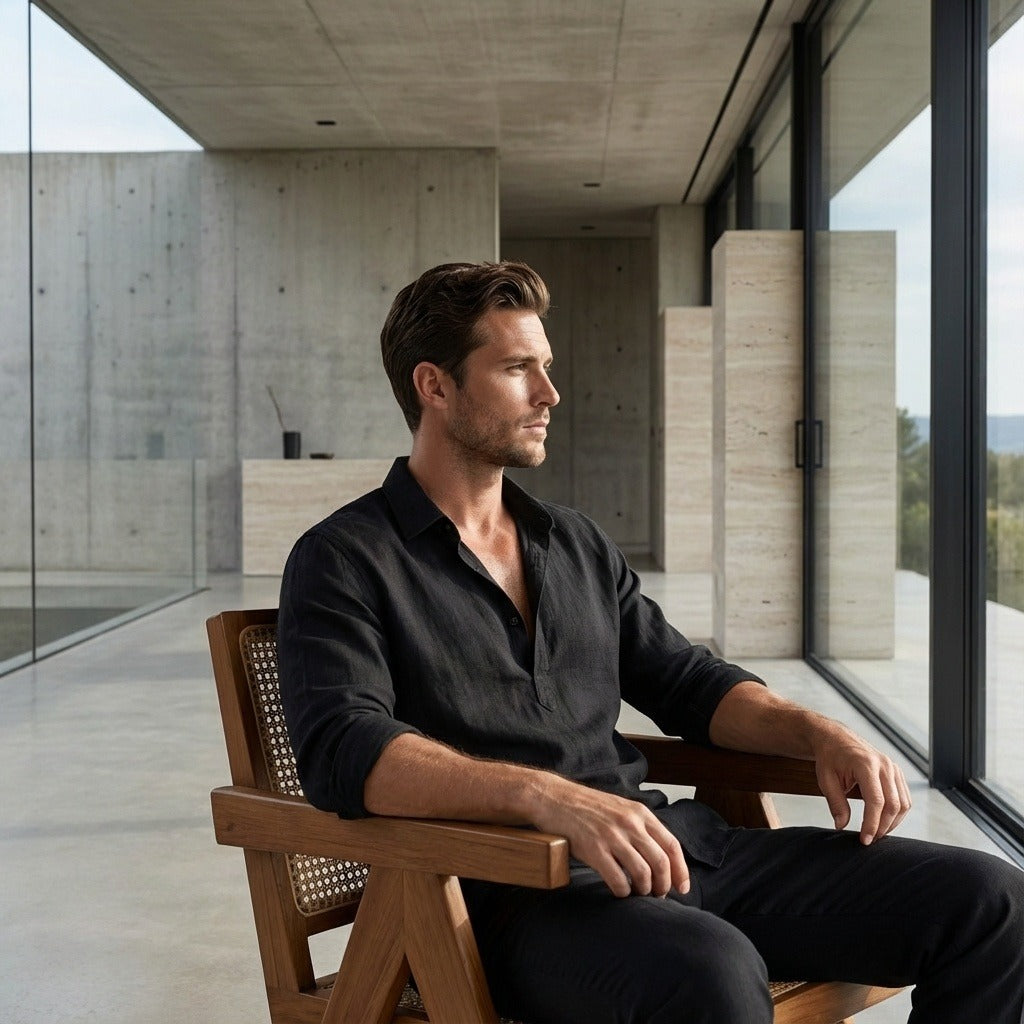 Linen T Shirt Long Sleeve - Black - Side Profile
