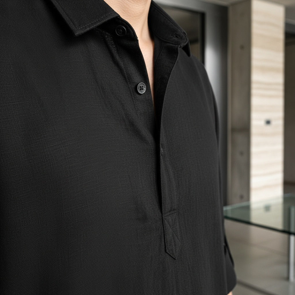 Linen T Shirt Long Sleeve - Black - Back View