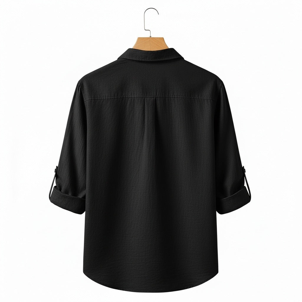 Linen T Shirt Long Sleeve - Black - Fabric Detail