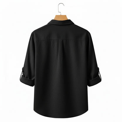 Linen T Shirt Long Sleeve - Black - Fabric Detail