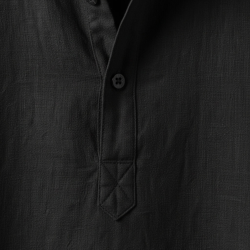 Linen T Shirt Long Sleeve - Black - Texture Close Up