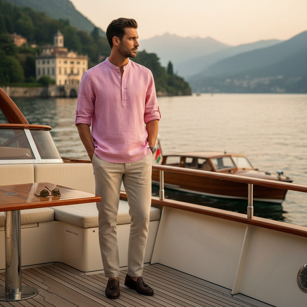Linen T Shirt Long Sleeve - Rosewood - Angled Shot
