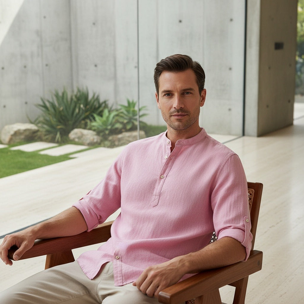 Linen T Shirt Long Sleeve - Rosewood - Side Profile