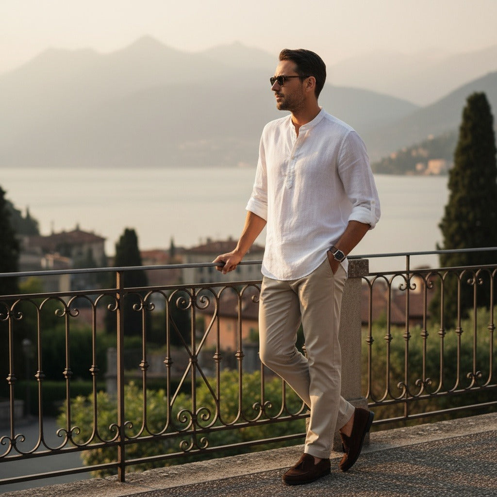 Linen T Shirt Long Sleeve - White - Angled Shot
