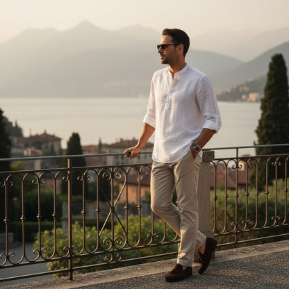 Linen T Shirt Long Sleeve - White - Angled Shot