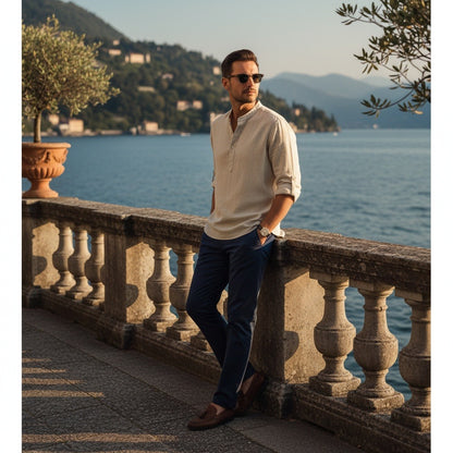 Linen T Shirt Long Sleeve - Oatmeal - Angled Shot