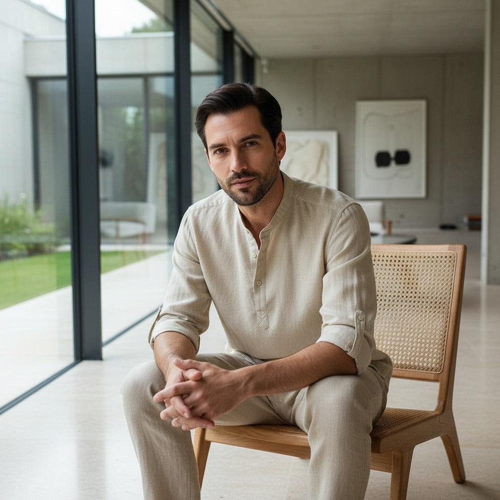 Linen T Shirt Long Sleeve - Oatmeal - Side Profile