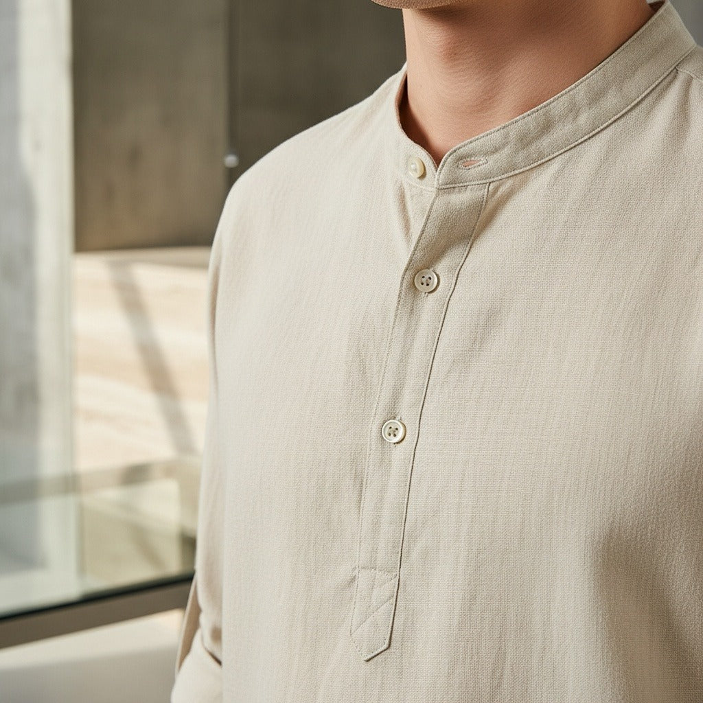 Linen T Shirt Long Sleeve - Oatmeal - Back View