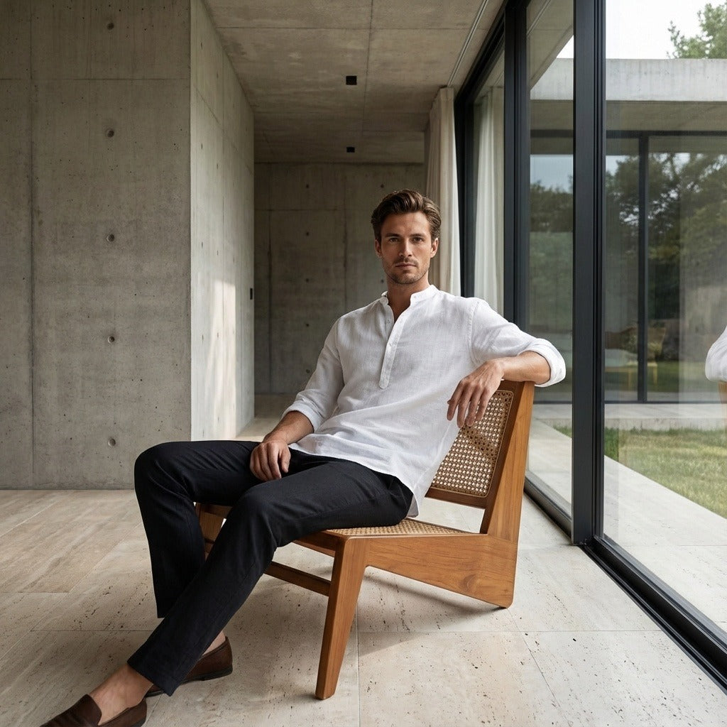 Linen T Shirt Long Sleeve - White - Side Profile