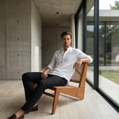 Linen T Shirt Long Sleeve - White - Side Profile