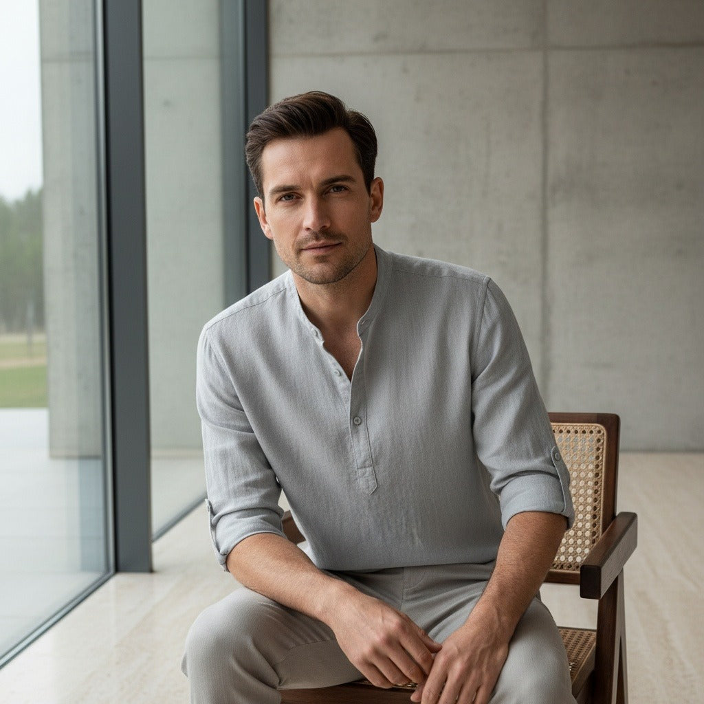 Linen T Shirt Long Sleeve - Slate Grey - Side Profile