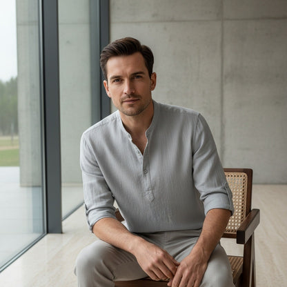Linen T Shirt Long Sleeve - Slate Grey - Side Profile