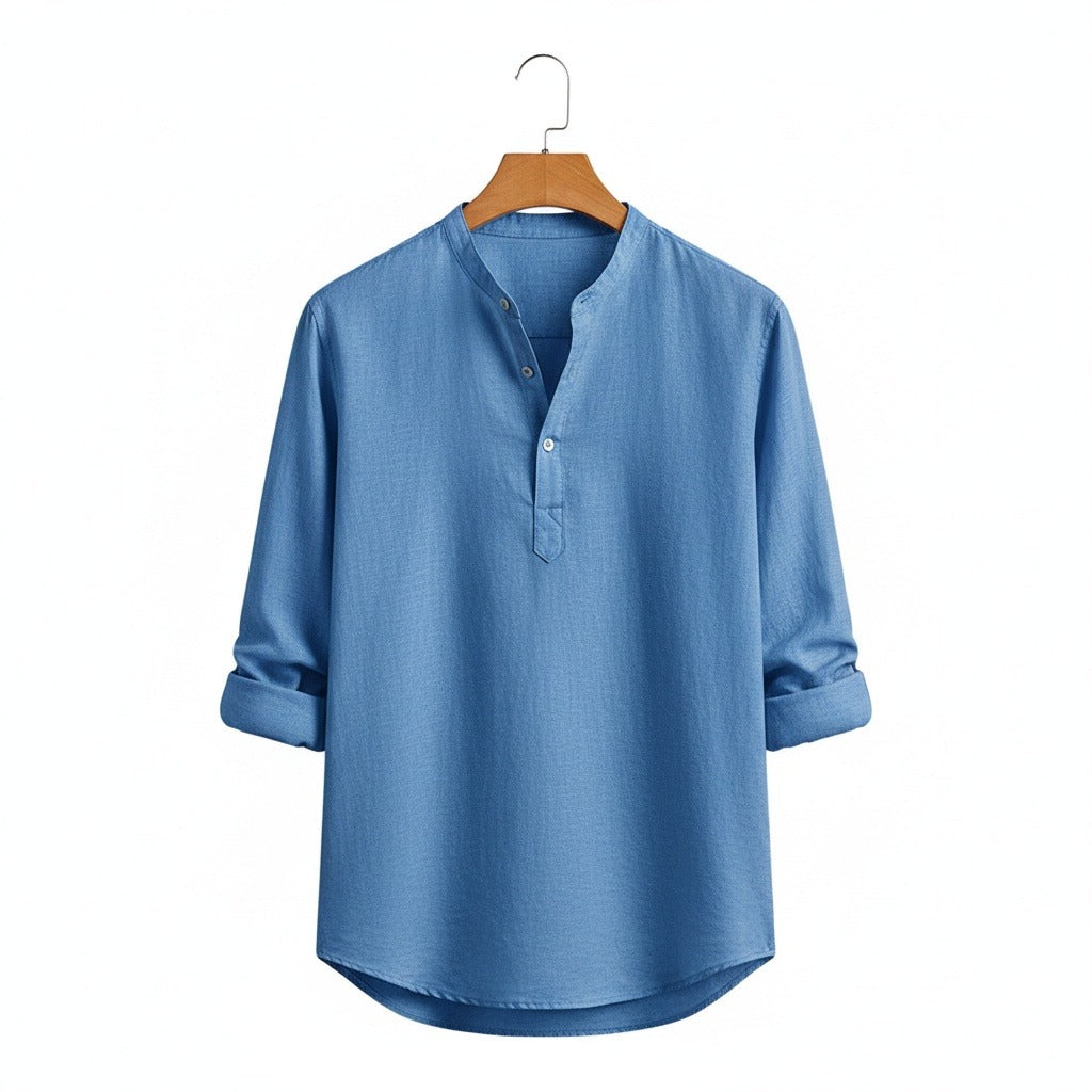 Linen T Shirt Long Sleeve - Denim Blue - Front View