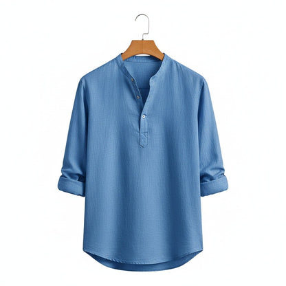 Linen T Shirt Long Sleeve - Denim Blue - Front View