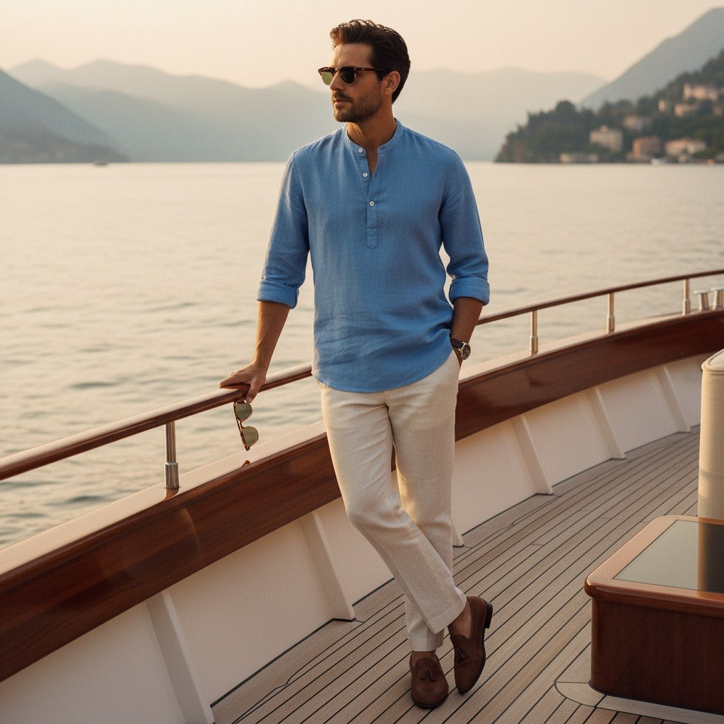 Linen T Shirt Long Sleeve - Denim Blue - Angled Shot