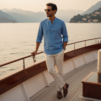 Linen T Shirt Long Sleeve - Denim Blue - Angled Shot