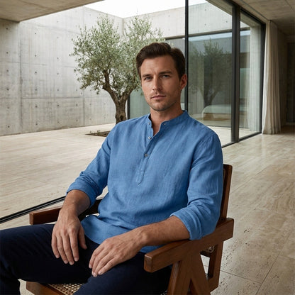 Linen T Shirt Long Sleeve - Denim Blue - Side Profile