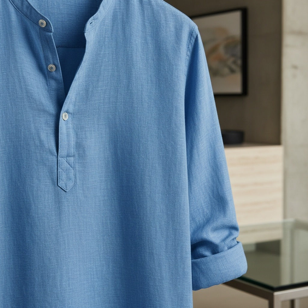 Linen T Shirt Long Sleeve - Denim Blue - Back View