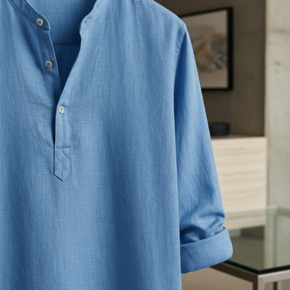 Linen T Shirt Long Sleeve - Denim Blue - Back View