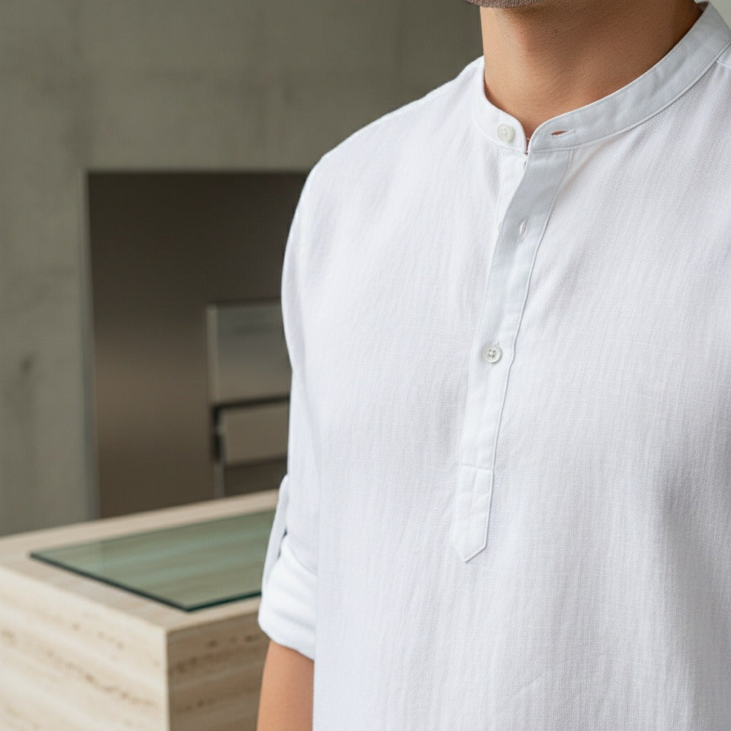 Linen T Shirt Long Sleeve - White - Back View