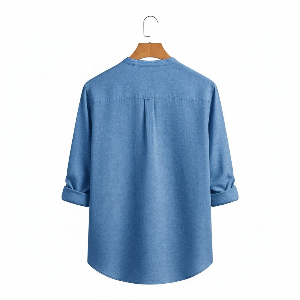 Linen T Shirt Long Sleeve - Denim Blue - Fabric Detail