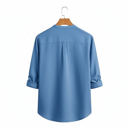 Linen T Shirt Long Sleeve - Denim Blue - Fabric Detail