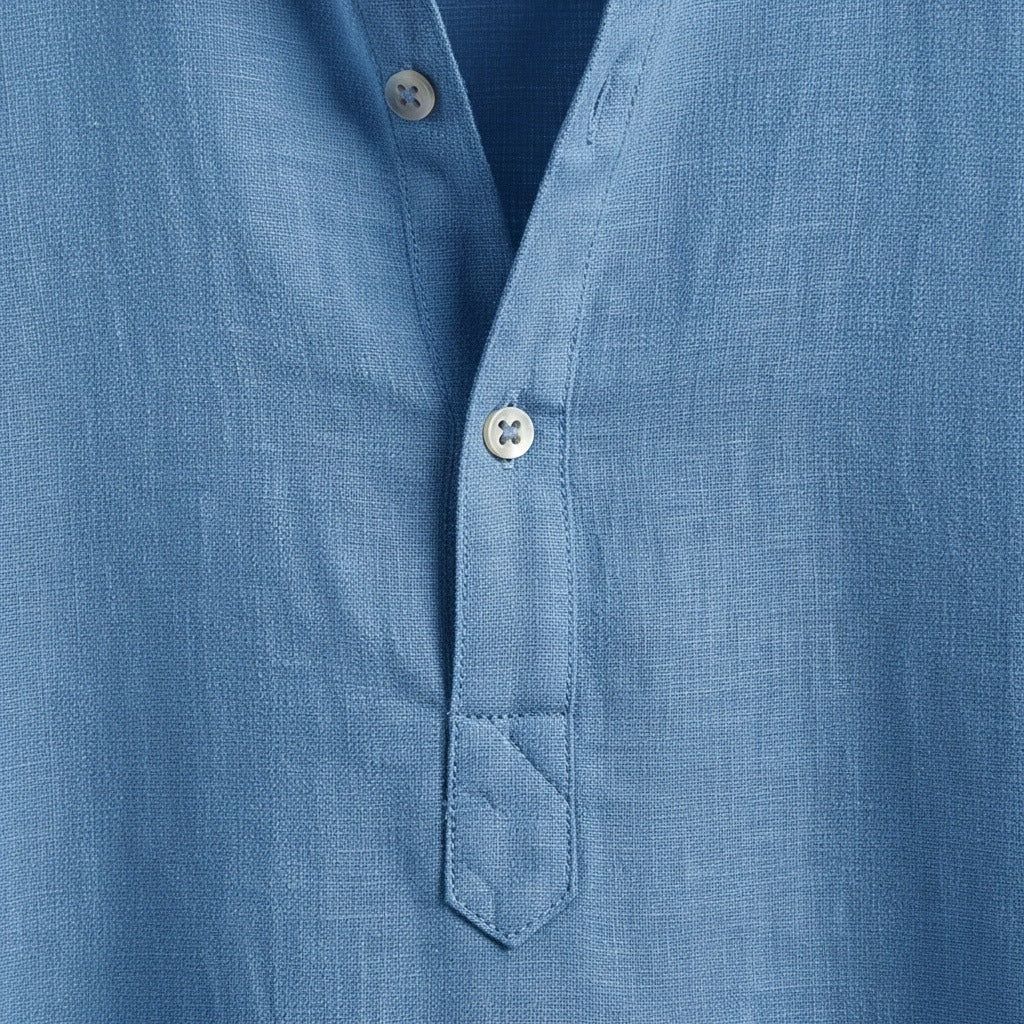 Linen T Shirt Long Sleeve - Denim Blue - Texture Close Up