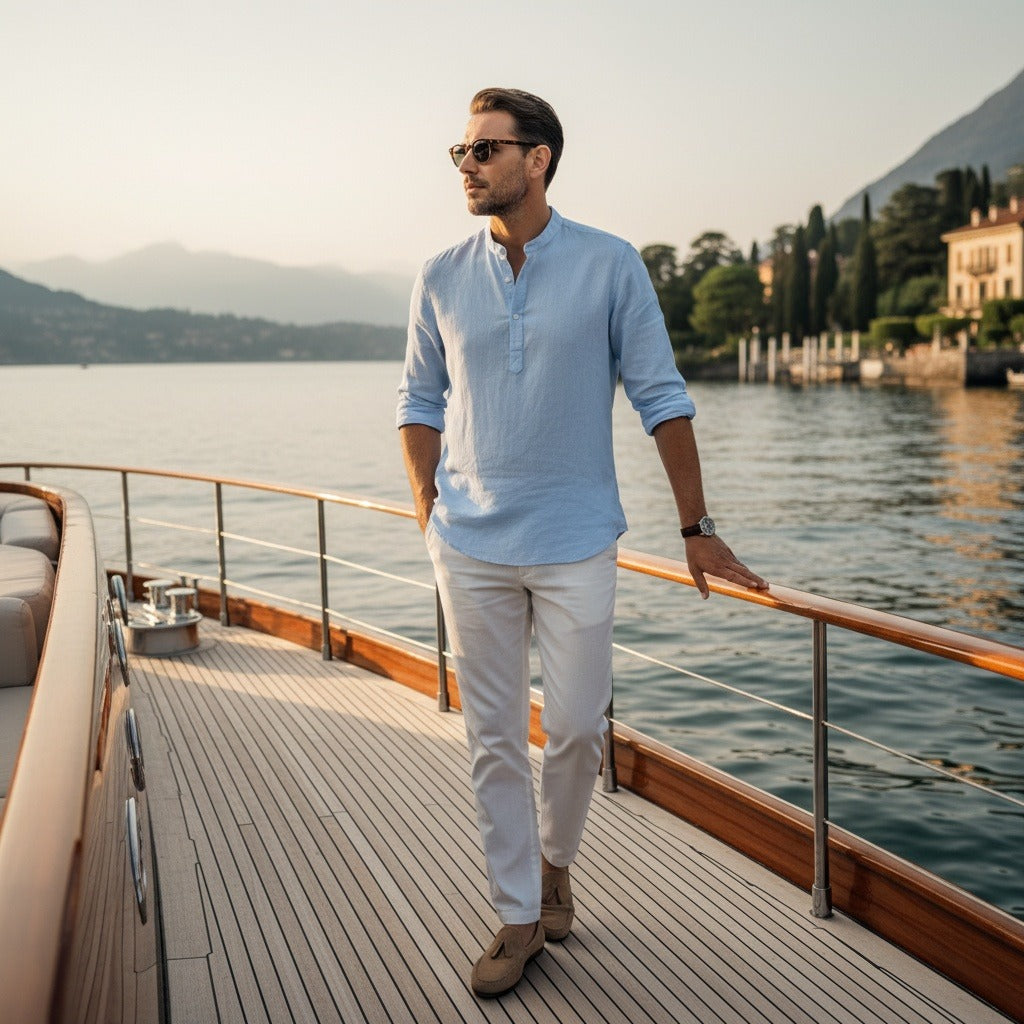 Linen T Shirt Long Sleeve - Sky Blue - Angled Shot