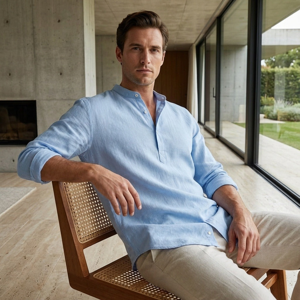 Linen T Shirt Long Sleeve - Sky Blue - Side Profile