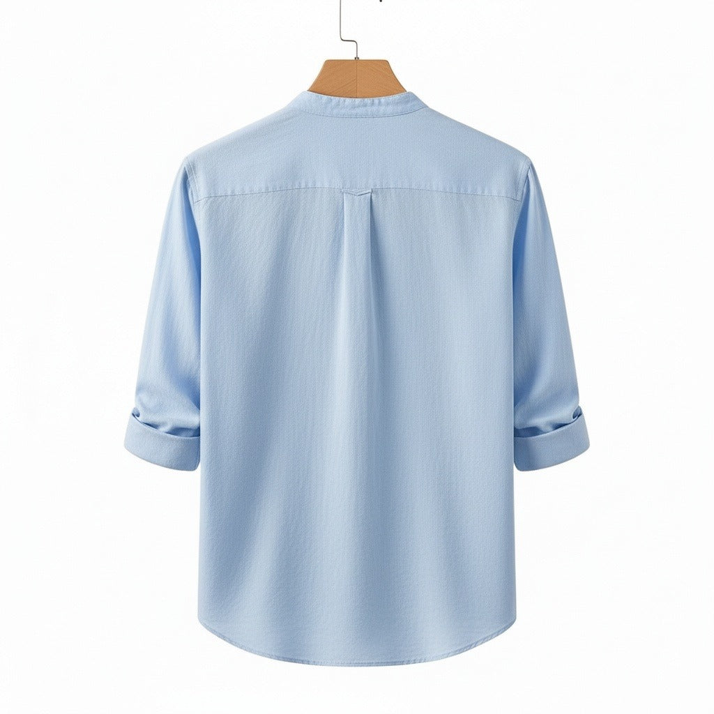 Linen T Shirt Long Sleeve - Sky Blue - Fabric Detail