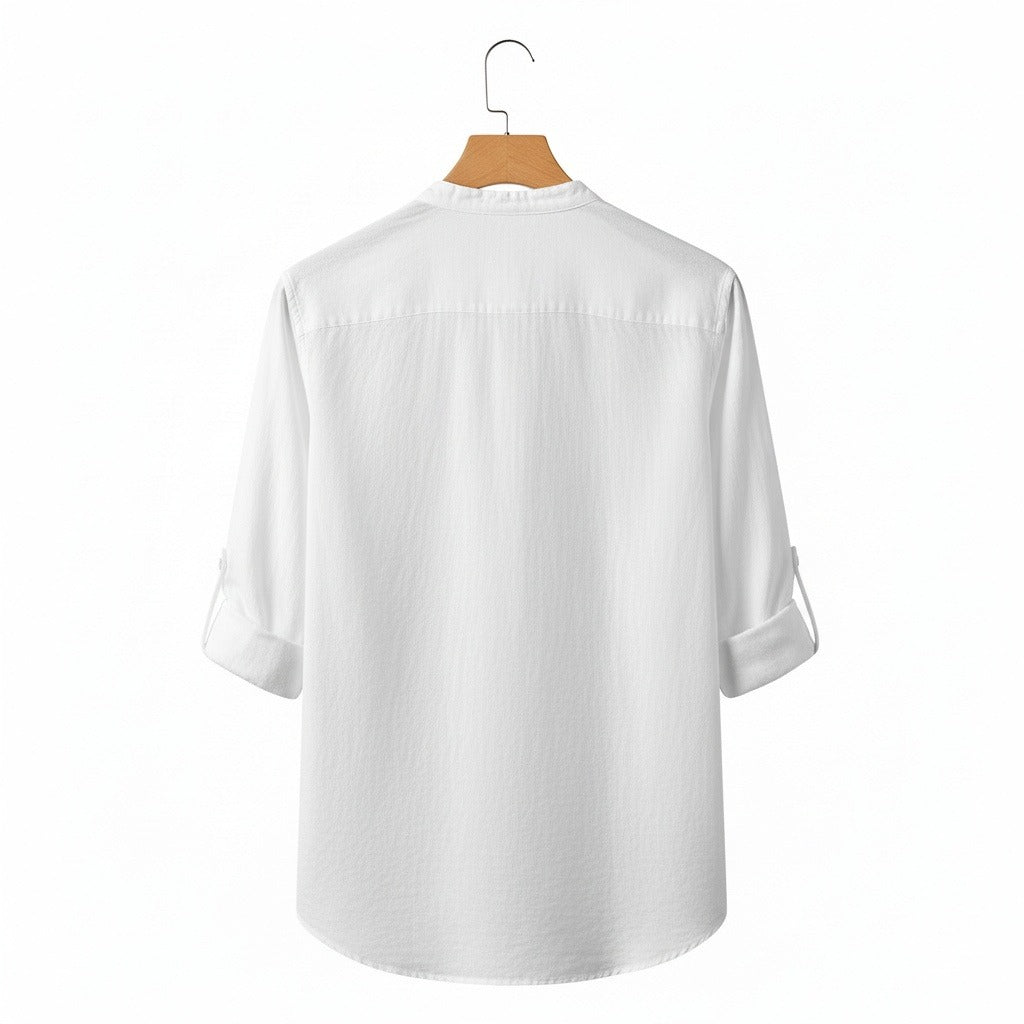 Linen T Shirt Long Sleeve - White - Fabric Detail