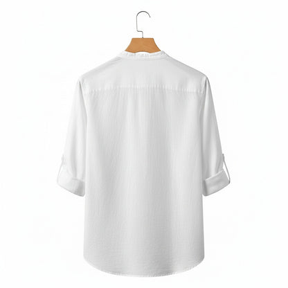 Linen T Shirt Long Sleeve - White - Fabric Detail