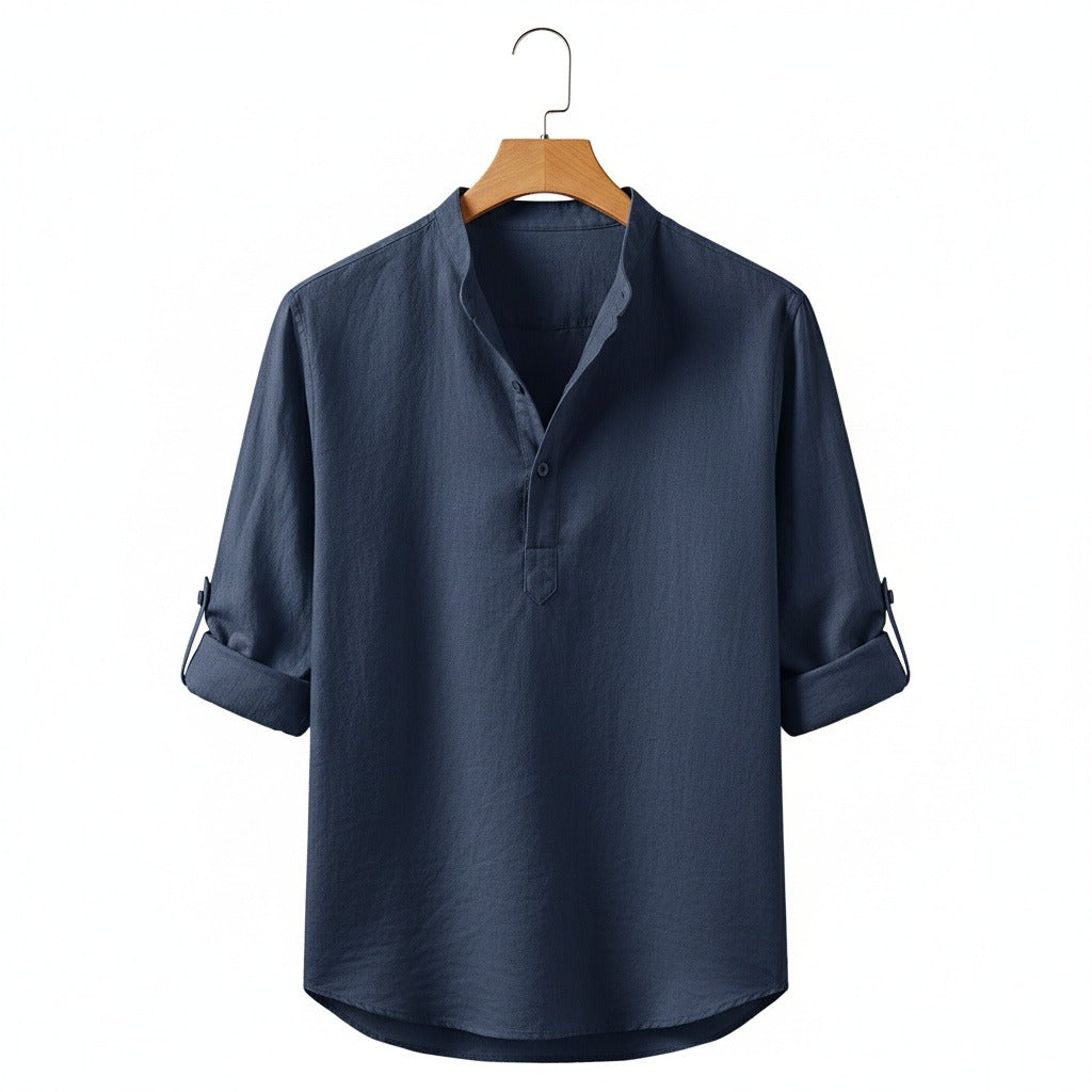 Linen T Shirt Long Sleeve - Admiral Blue - Front View
