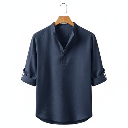 Linen T Shirt Long Sleeve - Admiral Blue - Front View