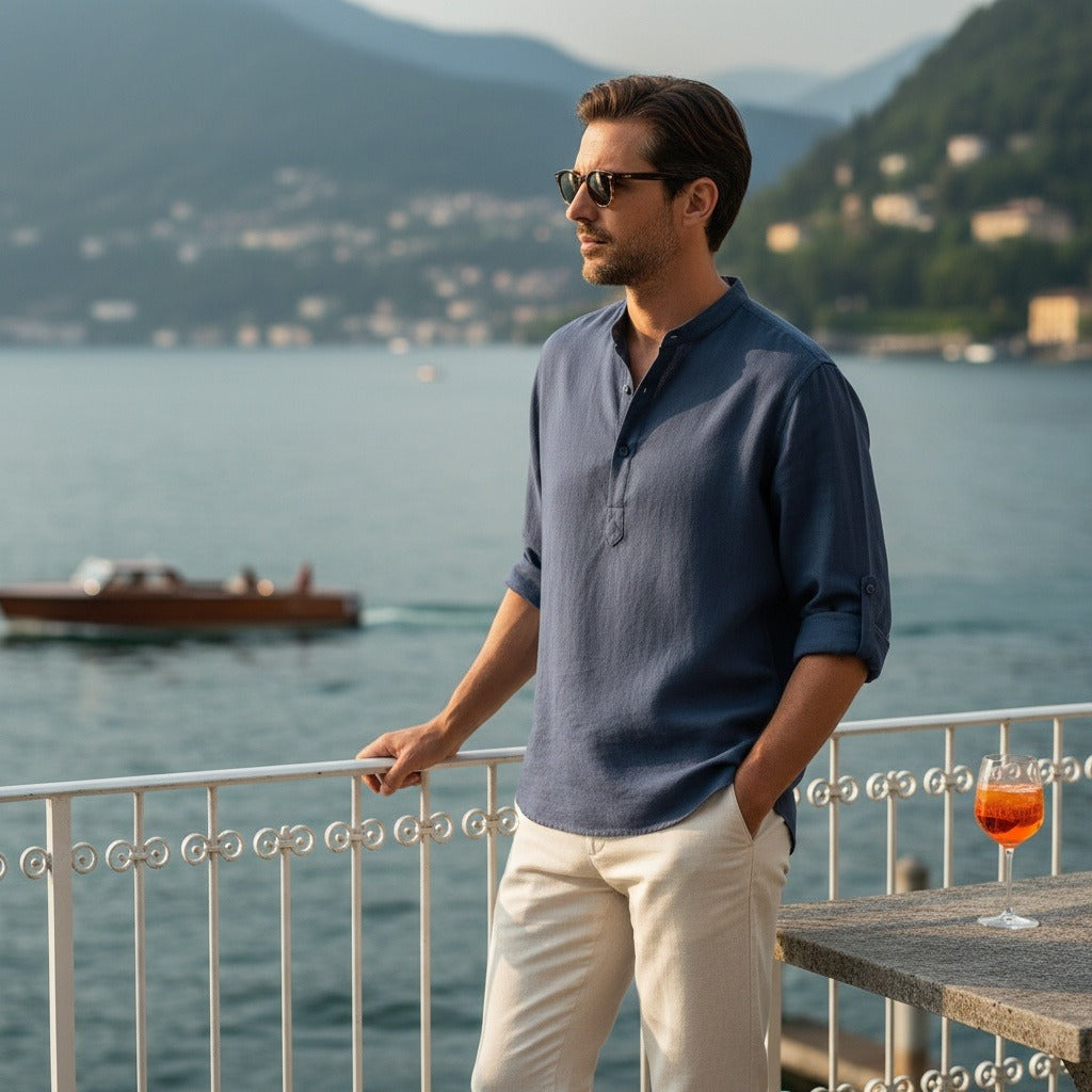 Linen T Shirt Long Sleeve - Admiral Blue - Angled Shot