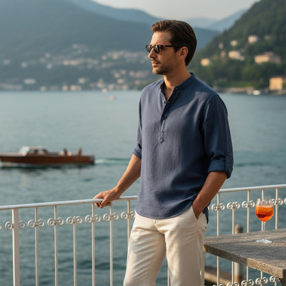 Linen T Shirt Long Sleeve - Admiral Blue - Angled Shot
