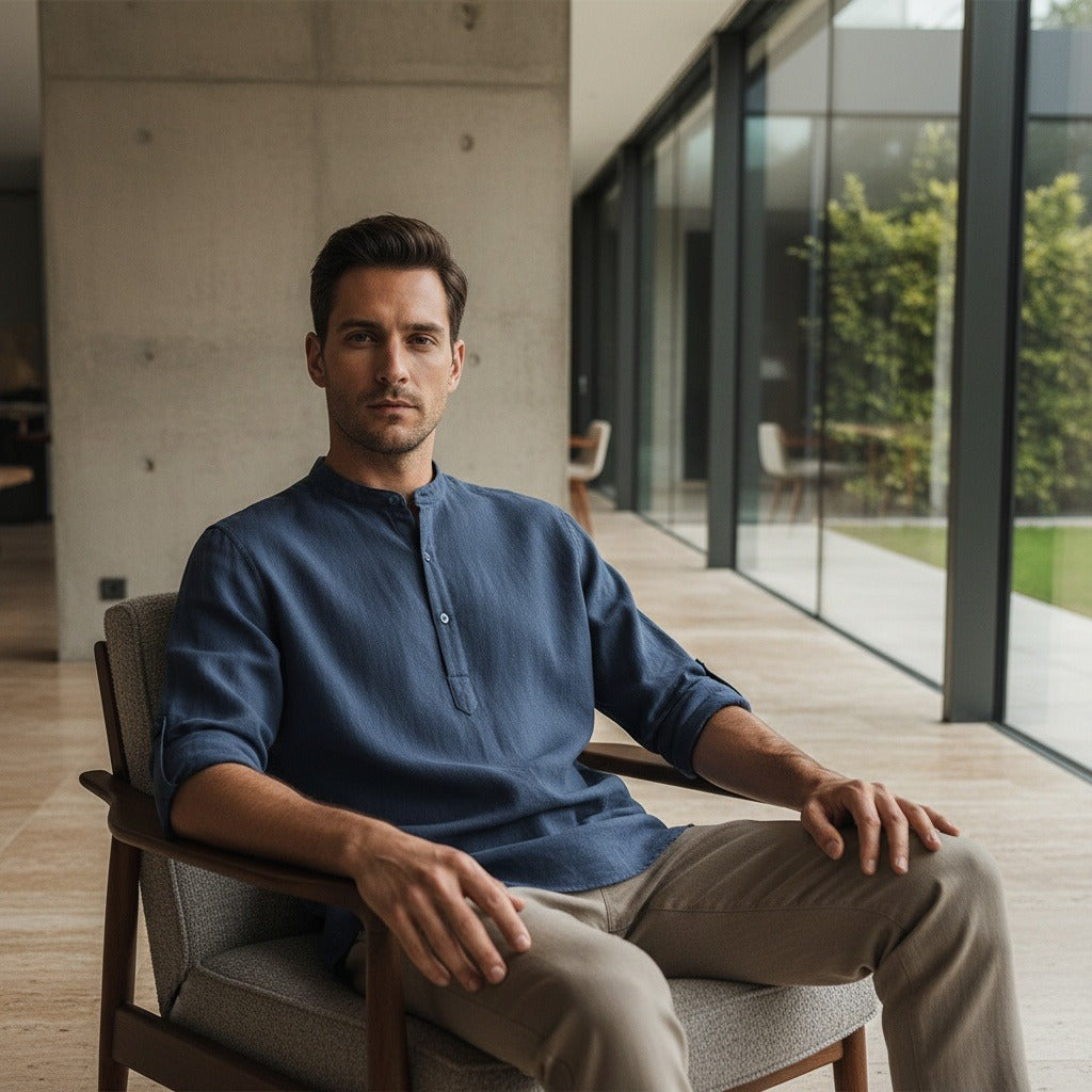 Linen T Shirt Long Sleeve - Admiral Blue - Side Profile