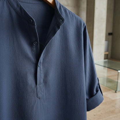 Linen T Shirt Long Sleeve - Admiral Blue - Back View