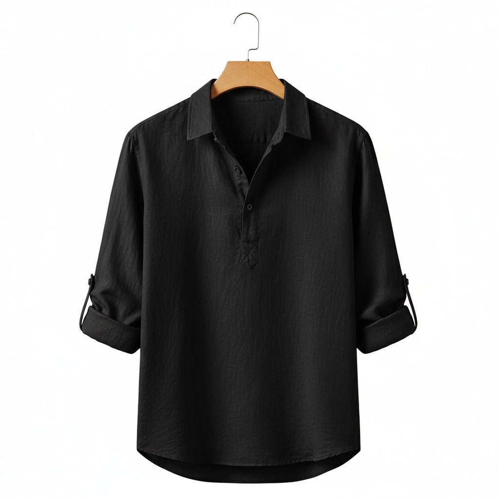 Linen T Shirt Long Sleeve - Black - Front View