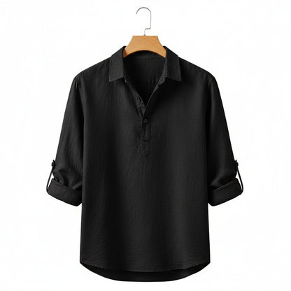 Linen T Shirt Long Sleeve - Black - Front View