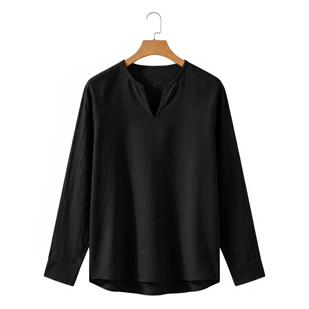 Linen V Neck T Shirt - Black - Front View