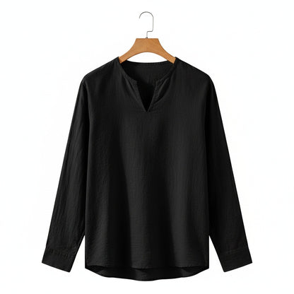 Linen V Neck T Shirt - Black - Front View