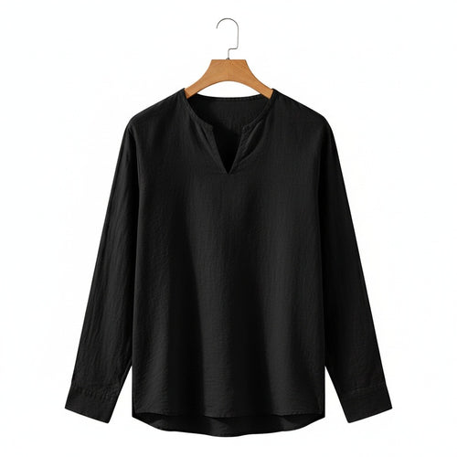 Linen V Neck T Shirt - Black - Front View