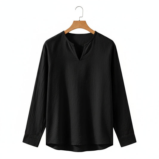 Linen V Neck T Shirt - Black - Front View