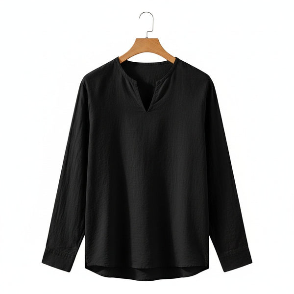 Linen V Neck T Shirt - Black - Front View
