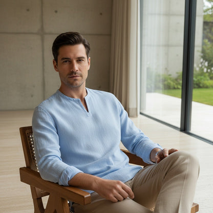 Linen V Neck T Shirt - Sky Blue - Side Profile